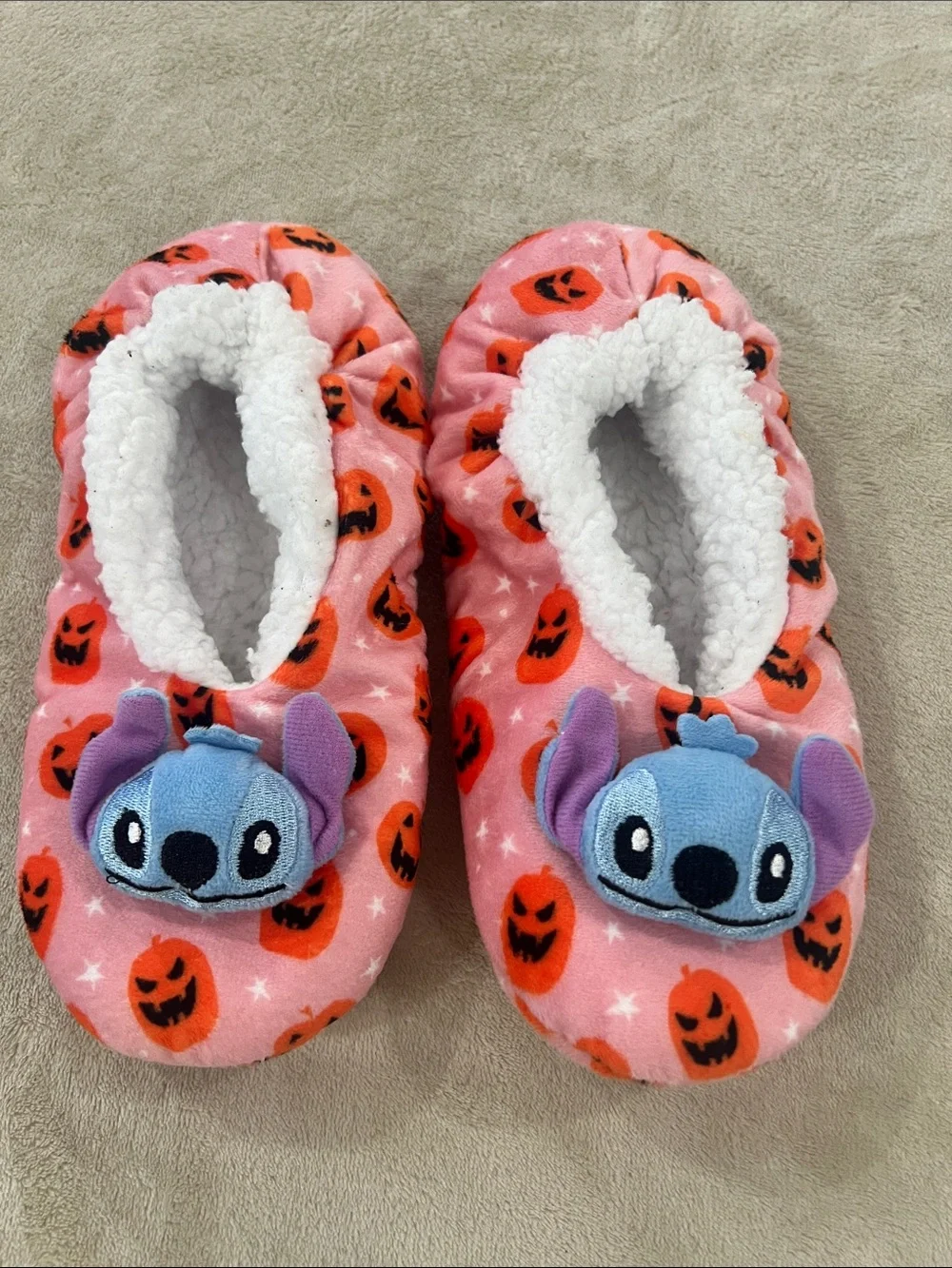 Disney Stitch Halloween Slippers pink Pumpkin Jack O Lattern Plush Fuzzy .